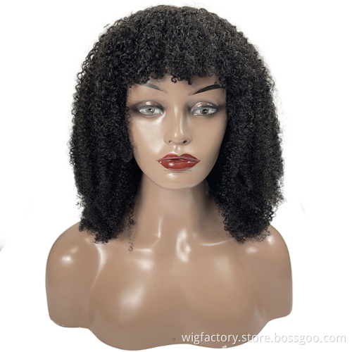 Machine Made 180 Density Human Hair Afro Kinky Curly Wig With Bangs Brazilian Remy Glueless Human Hair Wigs For Black Women